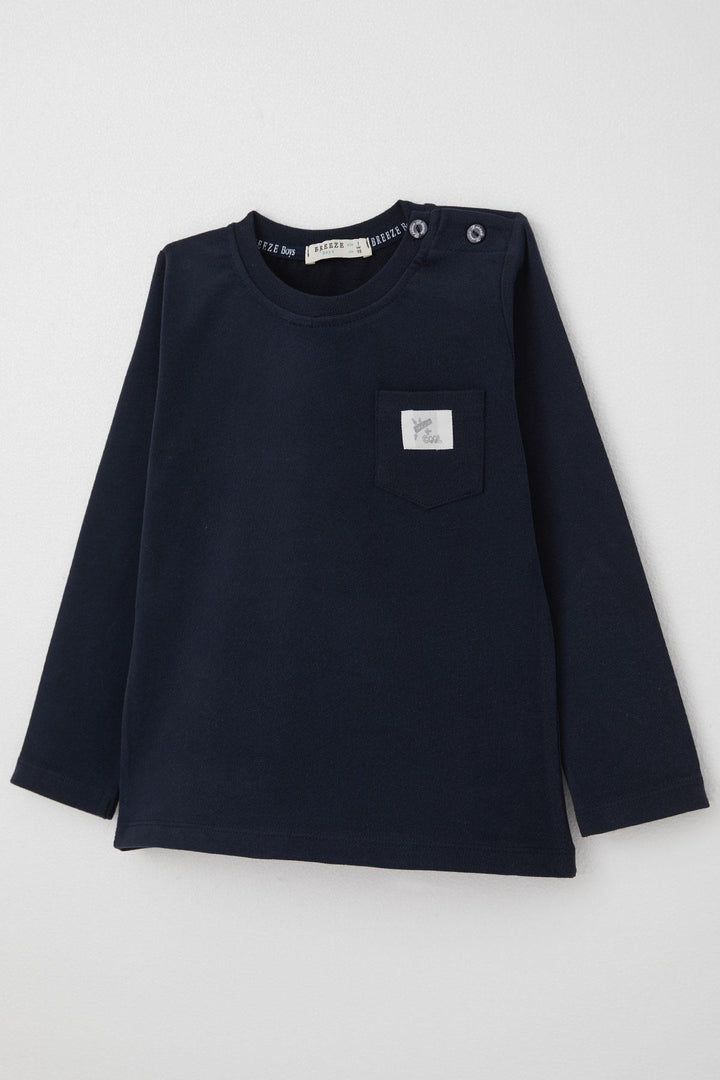 BRE Breeze Baby Boy Long Sleeve T-Shirt with Pocket Detail Cool Writing Emblem 9 Months-3 Years, Navy Blue - Chambéry
