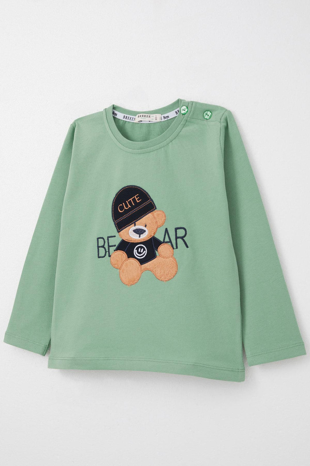 BRE Breeze Baby Boy Long Sleeve T-Shirt with Cute Bear Embroidery 9 Months-3 Years, Mint Green - Lierre