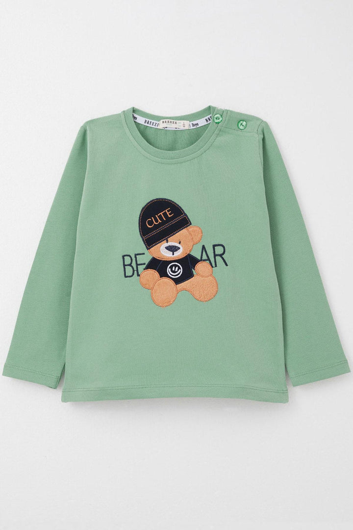 BRE Breeze Baby Boy Long Sleeve T-Shirt with Cute Bear Embroidery 9 Months-3 Years, Mint Green - Lierre