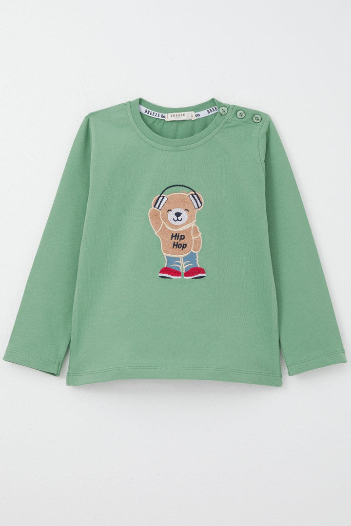 BRE Breeze Baby Boy Long Sleeve T-Shirt with Hip Hop Bear Embroidery 9 Months-3 Years, Mint Green - Namur