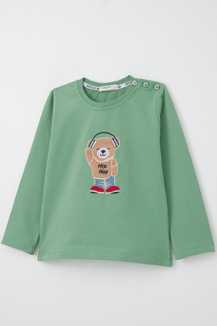 BRE Breeze Baby Boy Long Sleeve T-Shirt with Hip Hop Bear Embroidery 9 Months-3 Years, Mint Green - Namur