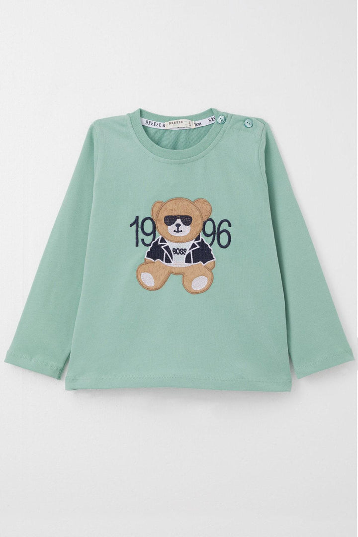 BRE Breeze Baby Boy Long Sleeve T-Shirt with Teddy Bear Embroidery 9 Months-3 Years, Water Green - Jacksonville