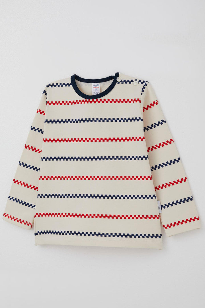 BRE Breeze Baby Boy Long Sleeve T-Shirt Patched Minimal Navy Striped 9 Months-3 Years, Cream - The Acreage