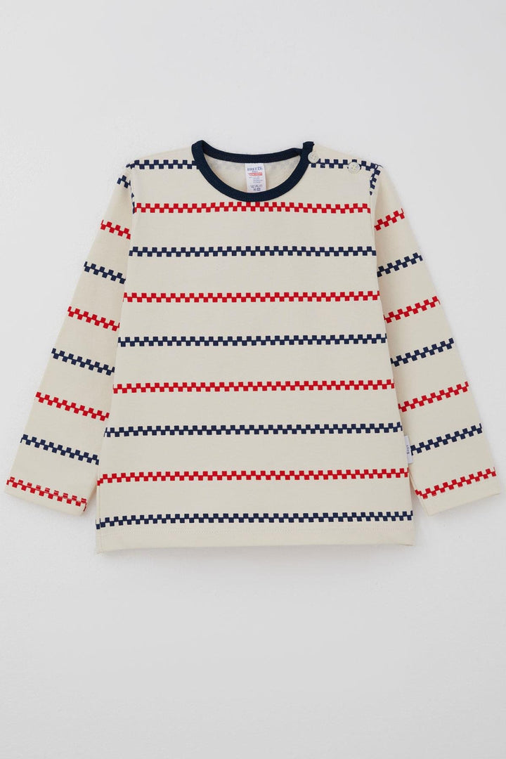 BRE Breeze Baby Boy Long Sleeve T-Shirt Patched Minimal Navy Striped 9 Months-3 Years, Cream - The Acreage