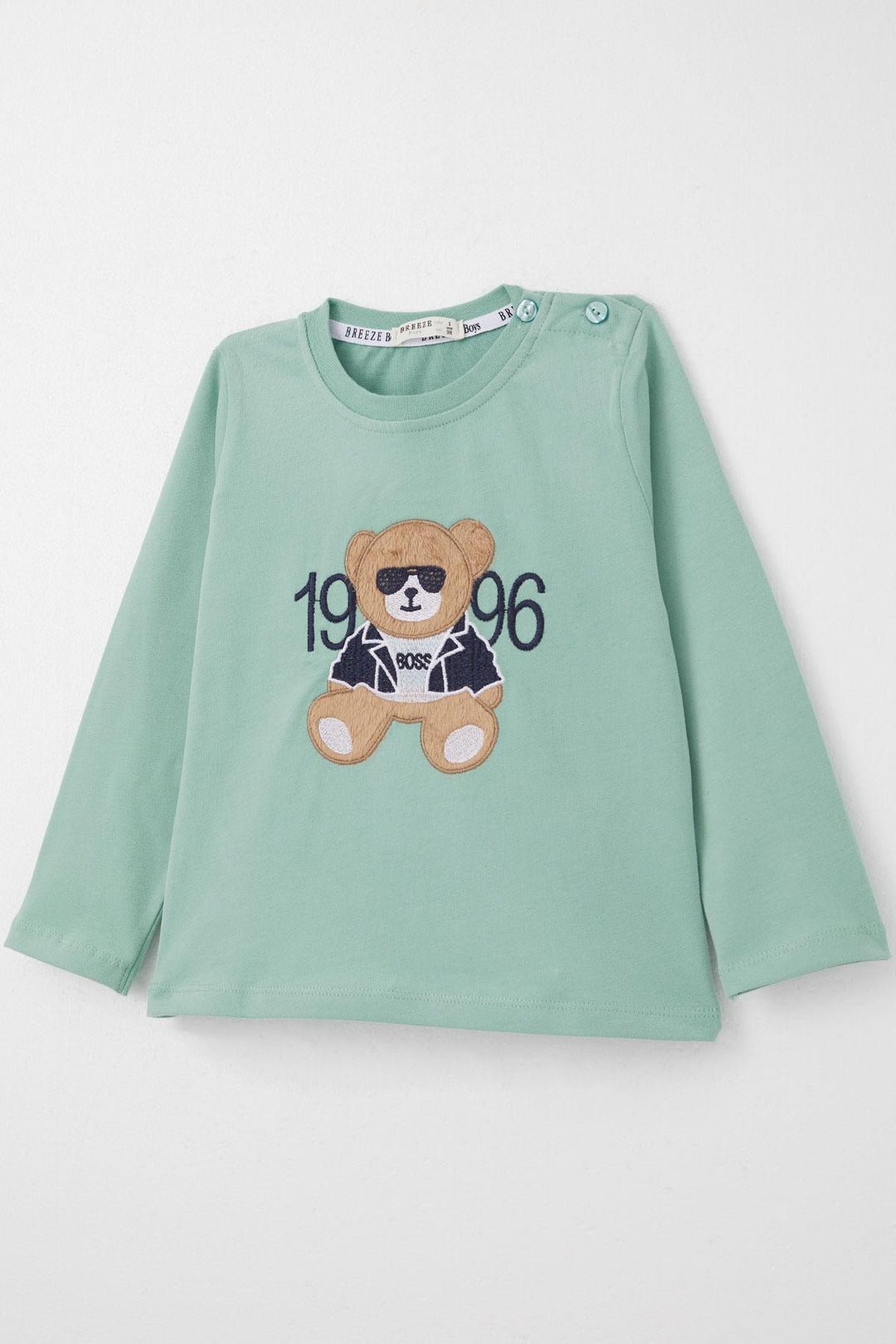 BRE Breeze Baby Boy Long Sleeve T-Shirt with Teddy Bear Embroidery 9 Months-3 Years, Water Green - Jacksonville