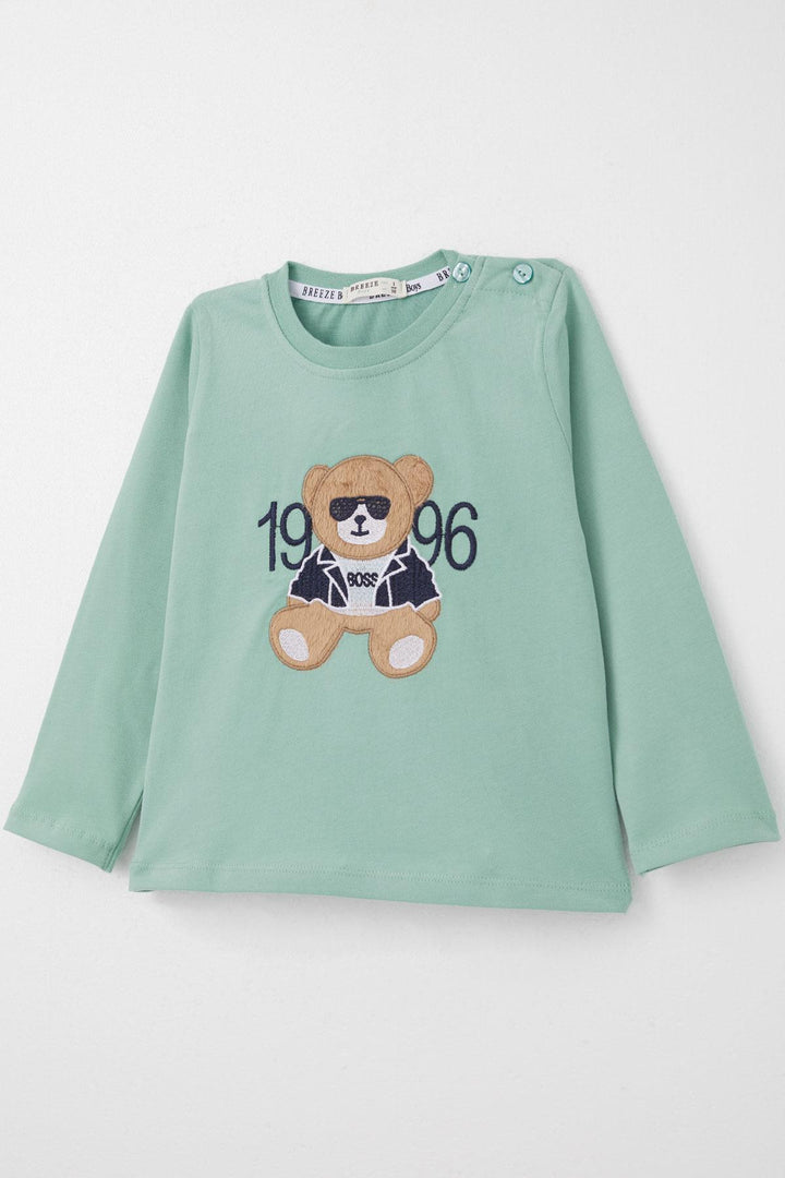 BRE Breeze Baby Boy Long Sleeve T-Shirt with Teddy Bear Embroidery 9 Months-3 Years, Water Green - Jacksonville