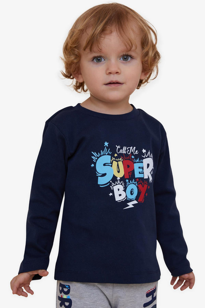 BRE Breeze Boys' Long Sleeve T-Shirt Printed with Text, 1-4 Years, Navy Blue - Braşov