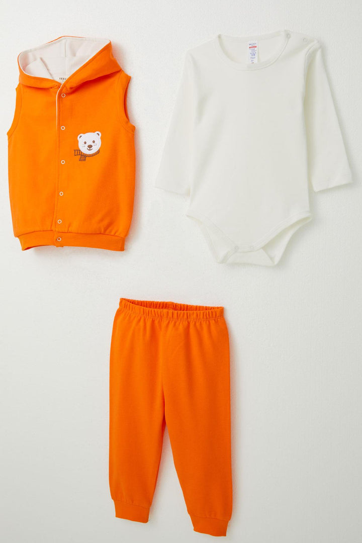 BRE Breeze Baby Boy Bodysuit 3-Piece Set Cute Bear Embroidered Hooded 4 Months Year, Neon Orange - Cozumel