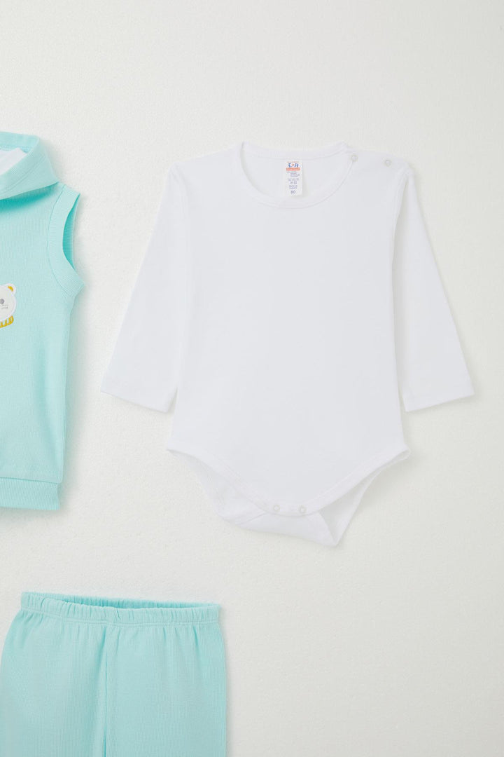 BRE Breeze Baby Boy Bodysuit 3-Piece Set Cute Bear Embroidered Hooded 4 Months Year, Light Blue - Preston