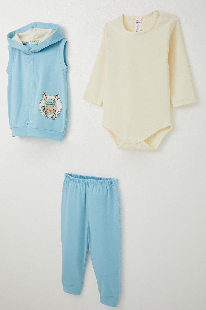 BRE Breeze Baby Boy Bodysuit 3-Piece Set لطيف الأرنب المطرز 4 أشهر سنة، أزرق فاتح - جيرمانتاون