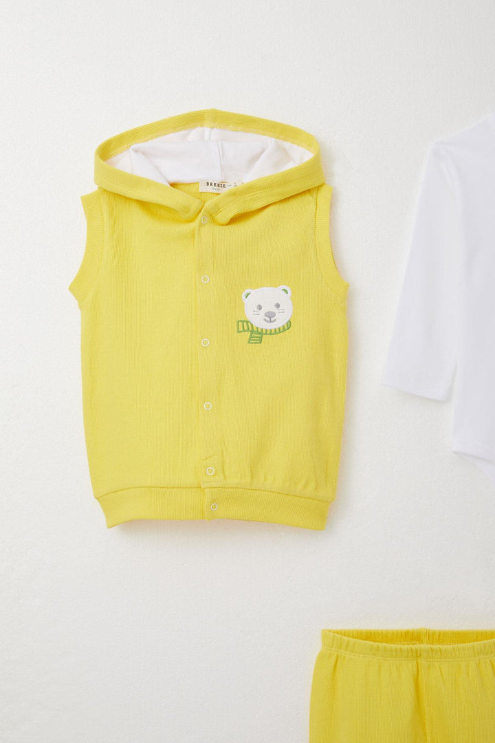 BRE Breeze Baby Boy Bodysuit 3-Piece Set Cute Bear Embroidered Hooded 4 Months Year, Yellow - Tepalcatepec