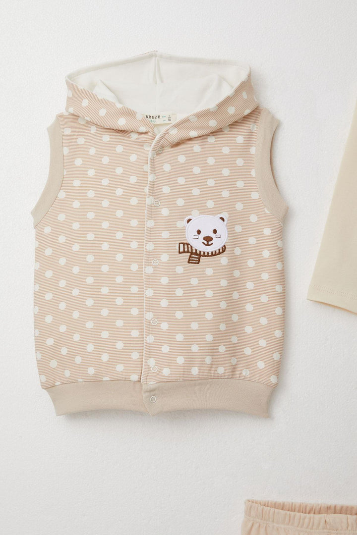 BRE Breeze Baby Boy Bodysuit 3-Piece Set Cute Bear Embroidered Hooded 4 Months Year, Beige - Turnhout