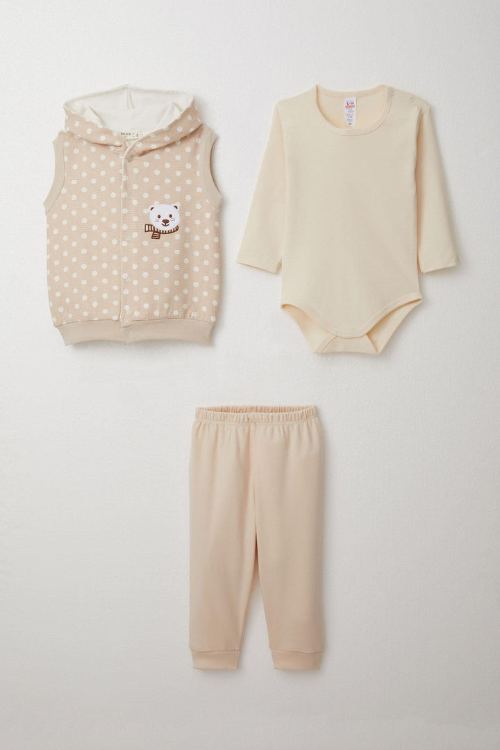 BRE Breeze Baby Boy Bodysuit 3-Piece Set Cute Bear Embroidered Hooded 4 Months Year, Beige - Turnhout
