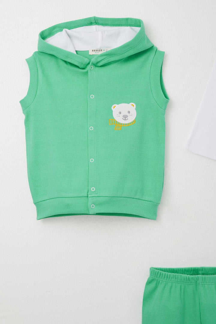 BRE Breeze Baby Boy Bodysuit 3-Piece Set Cute Bear Embroidered Hooded 4 Months Year, Green - Union