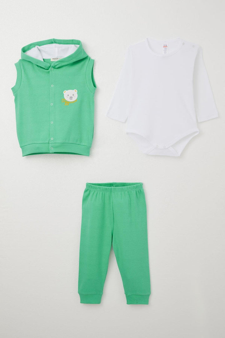 BRE Breeze Baby Boy Bodysuit 3-Piece Set Cute Bear Embroidered Hooded 4 Months Year, Green - Union