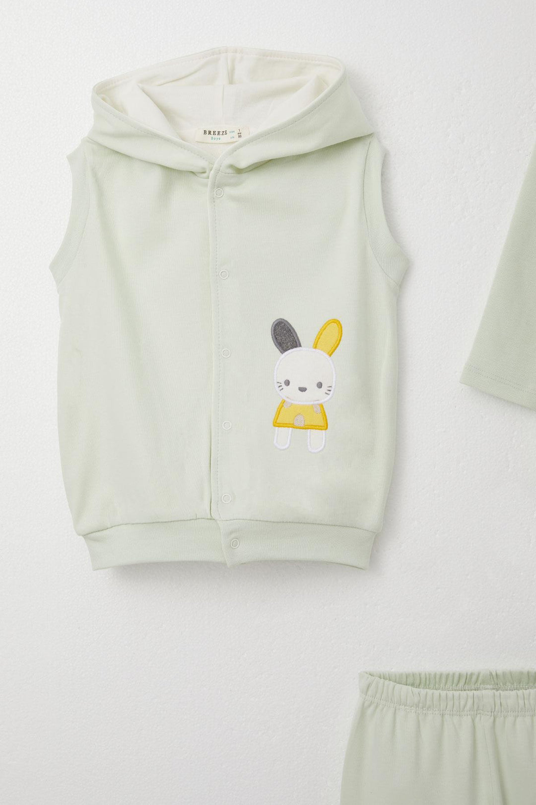 BRE Breeze Baby Boy Bodysuit 3-Piece Set with Cute Bunny Embroidery Hooded 4 Months Year, Water Green - Villajoyosa
