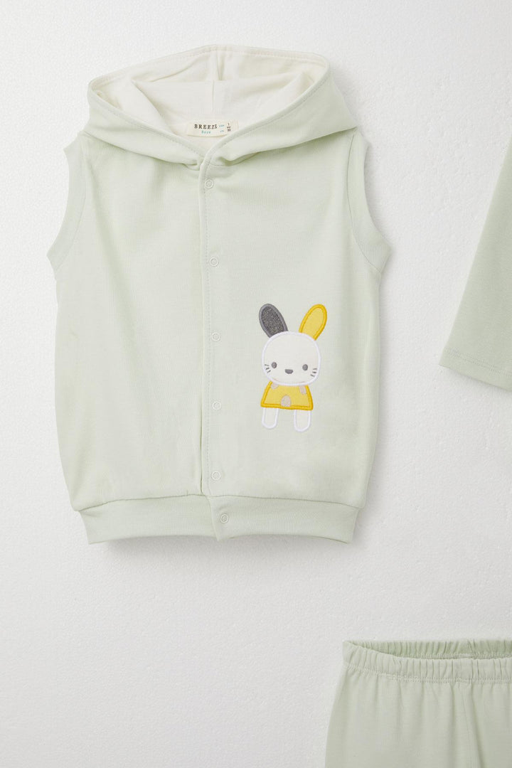 BRE Breeze Baby Boy Bodysuit 3-Piece Set with Cute Bunny Embroidery Hooded 4 Months Year, Water Green - Villajoyosa