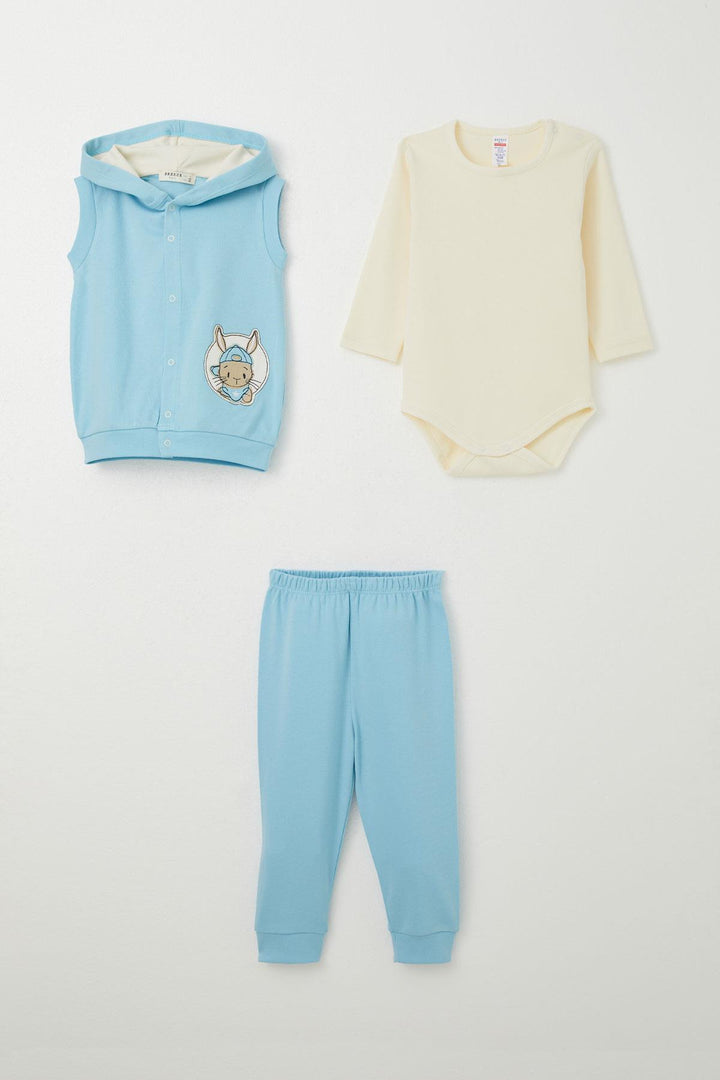 BRE Breeze Baby Boy Bodysuit 3-Piece Set لطيف الأرنب المطرز 4 أشهر سنة، أزرق فاتح - جيرمانتاون