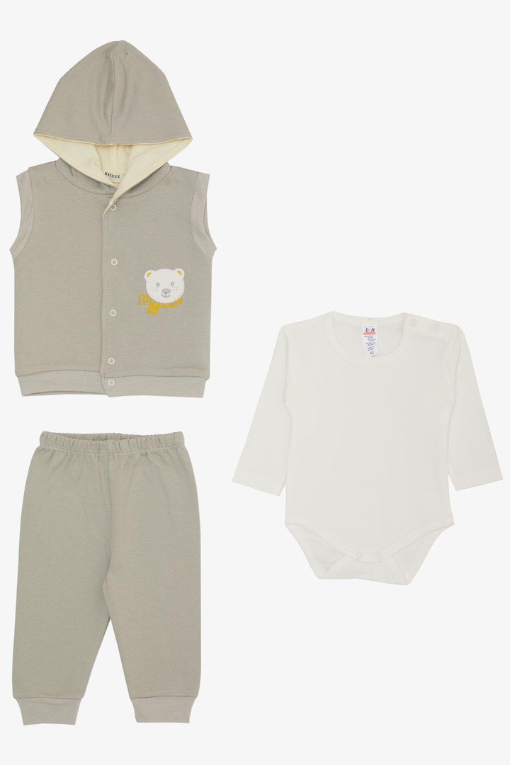 BRE Breeze Baby Boy Bodysuit 3-Piece Set لطيف الدب المطرز مقنعين 4 أشهر سنة، رمادي فاتح - Tigard