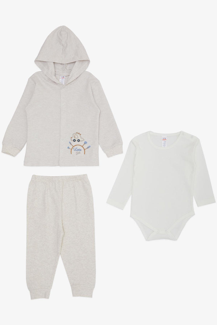BRE Breeze Baby Boy Bodysuit 3-Piece Set السفر تحت عنوان السيارة المطرزة 4 أشهر سنة، بيج ميلانج - Tudela