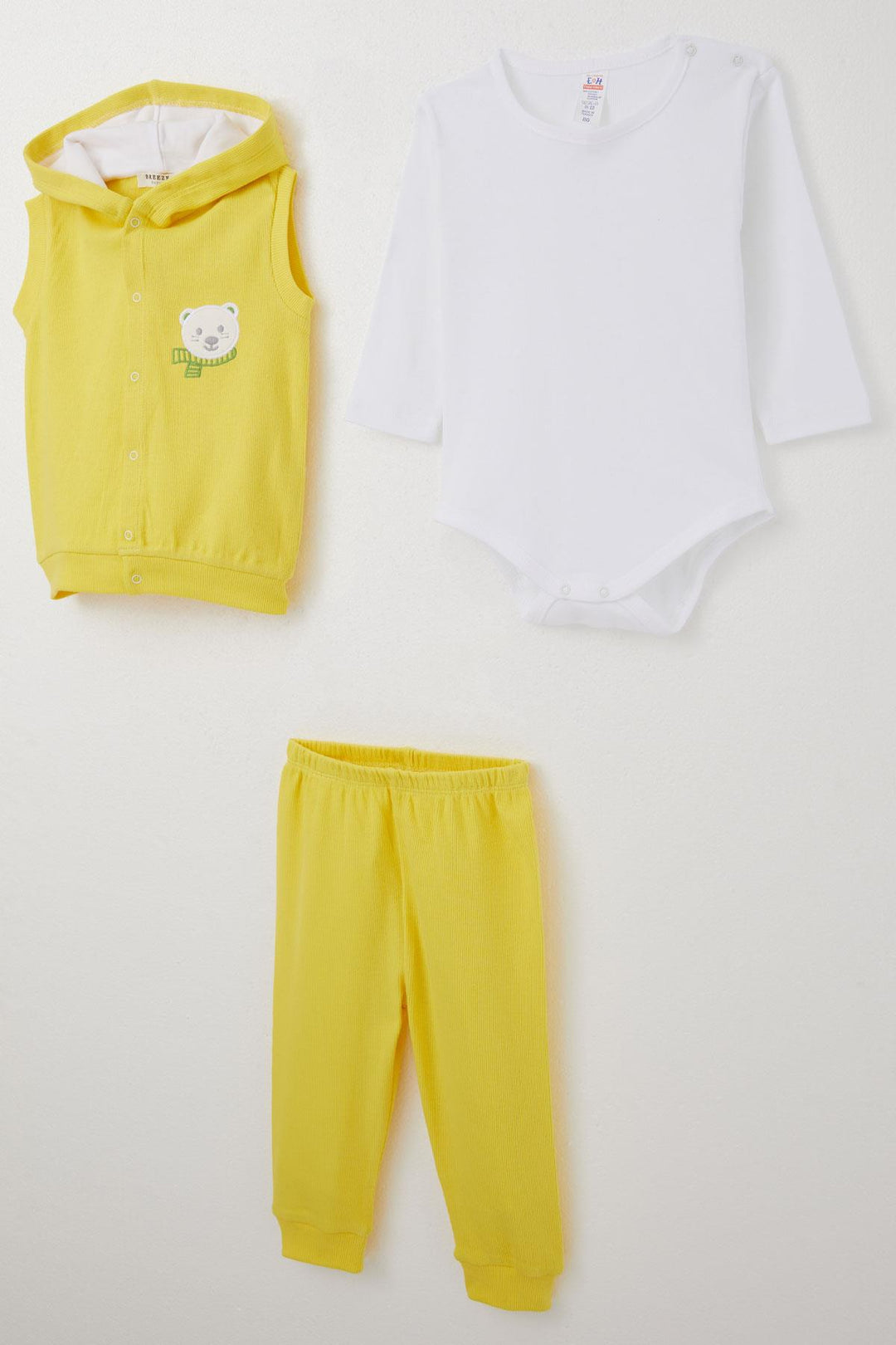 BRE Breeze Baby Boy Bodysuit 3-Piece Set Cute Bear Embroidered Hooded 4 Months Year, Yellow - Tepalcatepec