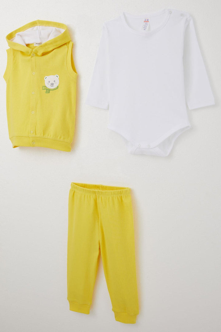 BRE Breeze Baby Boy Bodysuit 3-Piece Set Cute Bear Embroidered Hooded 4 Months Year, Yellow - Tepalcatepec