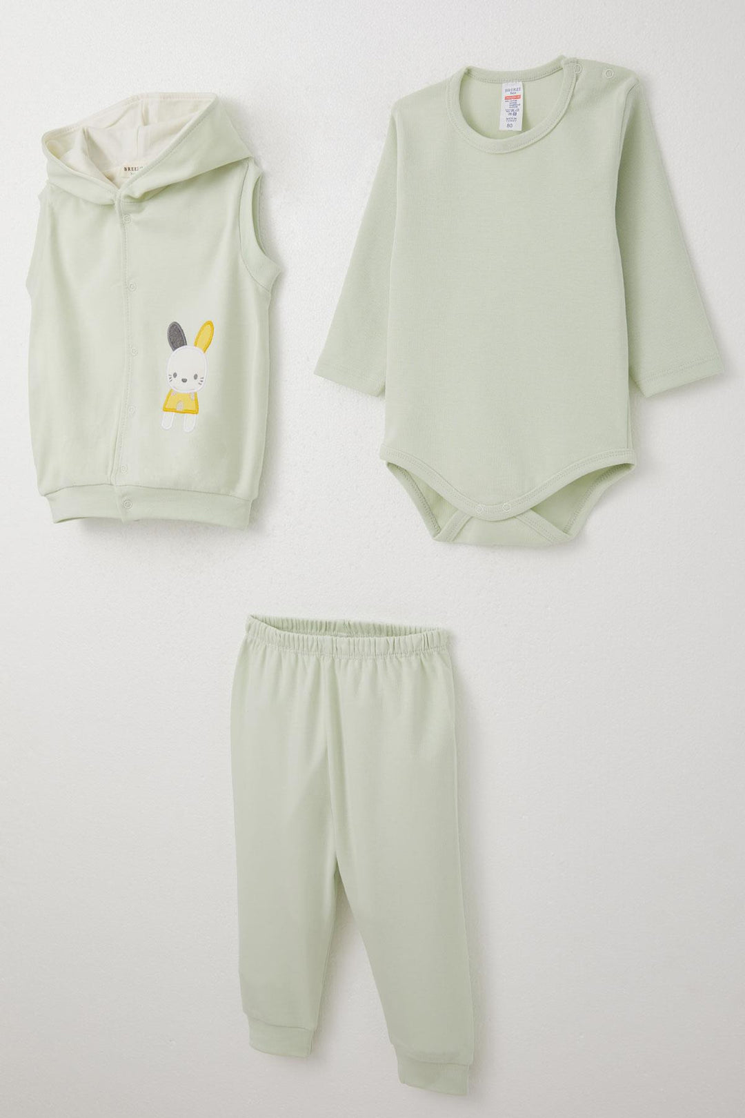 BRE Breeze Baby Boy Bodysuit 3-Piece Set with Cute Bunny Embroidery Hooded 4 Months Year, Water Green - Villajoyosa