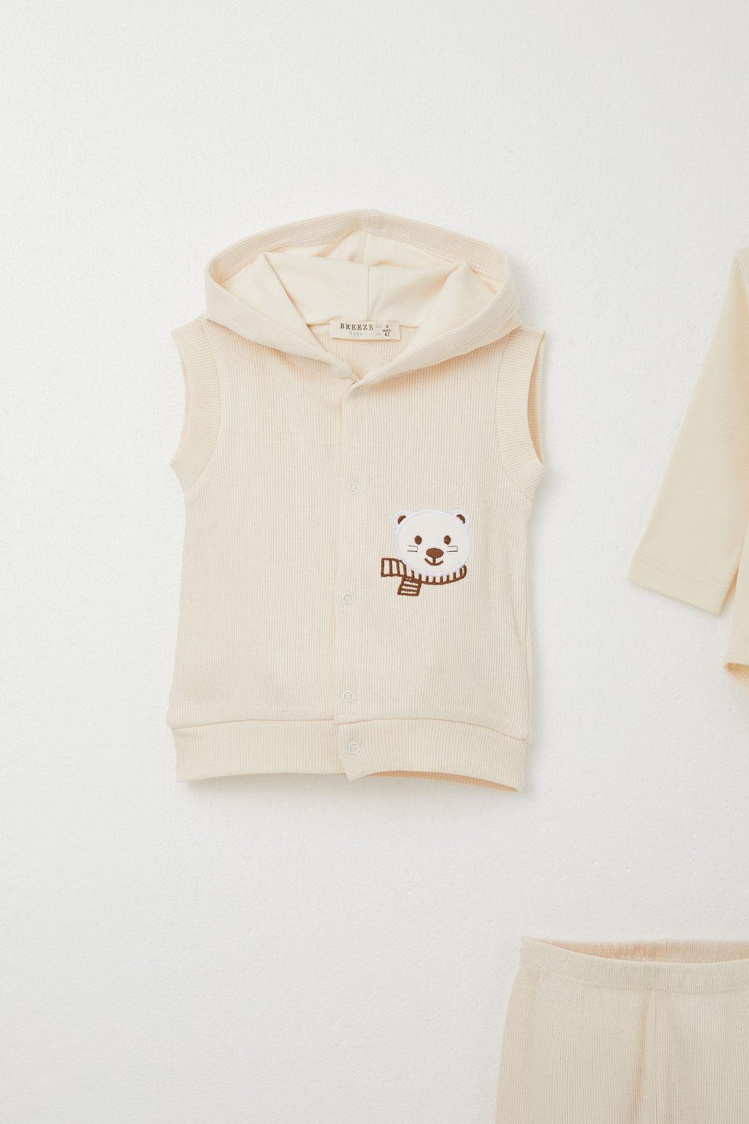 BRE Breeze Baby Boy Bodysuit 3-Piece Set Cute Bear Embroidered Hooded 4 Months Year, Cream - Pacifica