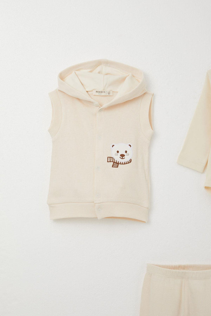 BRE Breeze Baby Boy Bodysuit 3-Piece Set Cute Bear Embroidered Hooded 4 Months Year, Cream - Pacifica