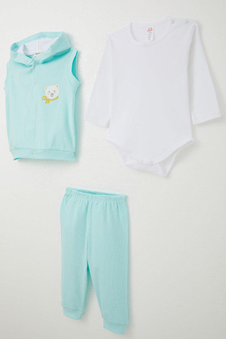 BRE Breeze Baby Boy Bodysuit 3-Piece Set Cute Bear Embroidered Hooded 4 Months Year, Light Blue - Preston