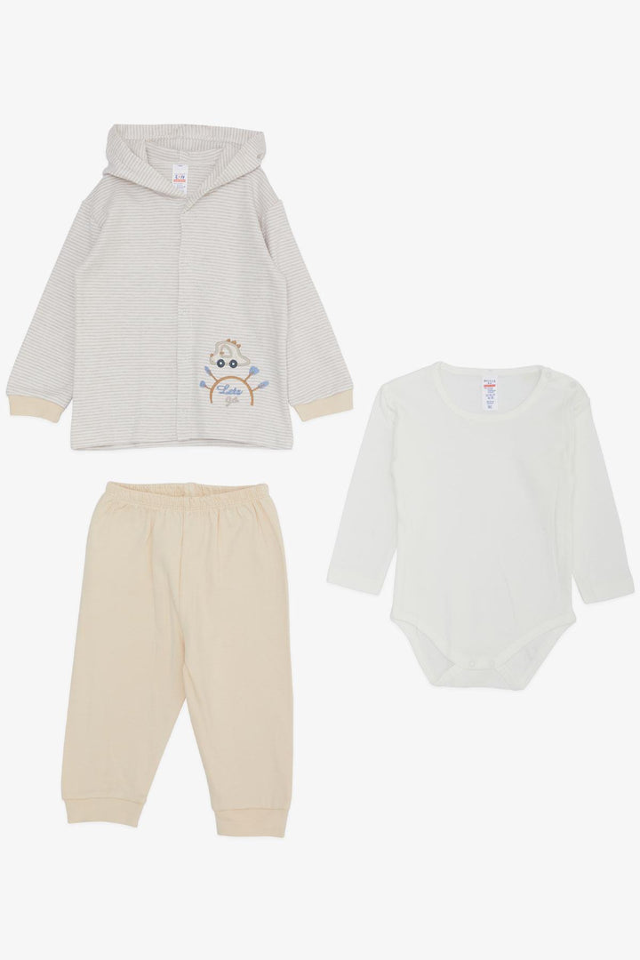 BRE Breeze Baby Boy Bodysuit 3-Piece Set السفر تحت عنوان السيارة المطرزة 4 أشهر سنة، بيج ميلانج - هارلم