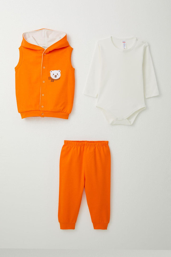 BRE Breeze Baby Boy Bodysuit 3-Piece Set Cute Bear Embroidered Hooded 4 Months Year, Neon Orange - Cozumel