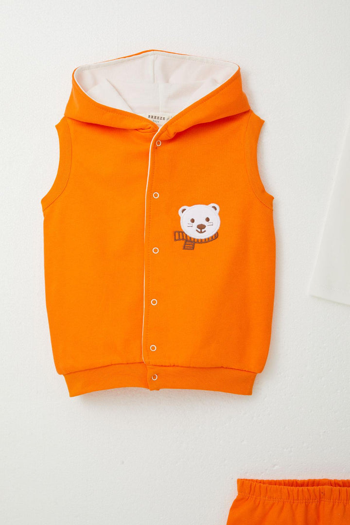BRE Breeze Baby Boy Bodysuit 3-Piece Set Cute Bear Embroidered Hooded 4 Months Year, Neon Orange - Cozumel