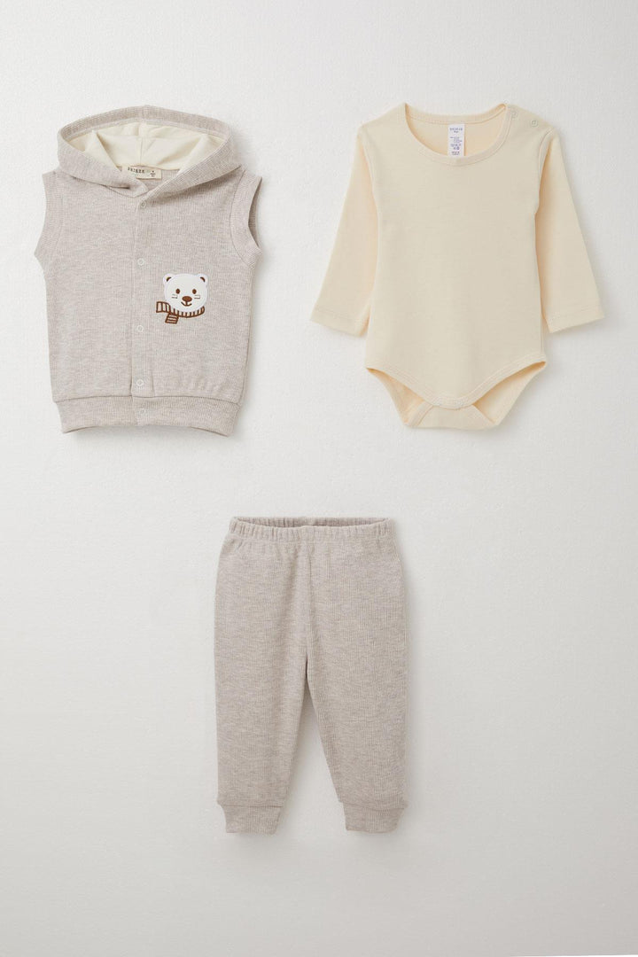 BRE Breeze Baby Boy Bodysuit 3-Piece Set لطيف الدب المطرز مقنعين 4 أشهر سنة، بيج ميلانج - زاكاتيكاس