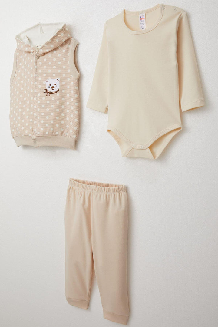 BRE Breeze Baby Boy Bodysuit 3-Piece Set Cute Bear Embroidered Hooded 4 Months Year, Beige - Turnhout