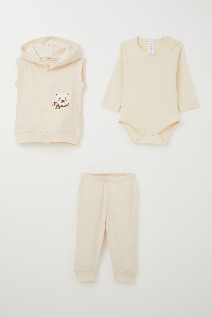 BRE Breeze Baby Boy Bodysuit 3-Piece Set Cute Bear Embroidered Hooded 4 Months Year, Cream - Pacifica