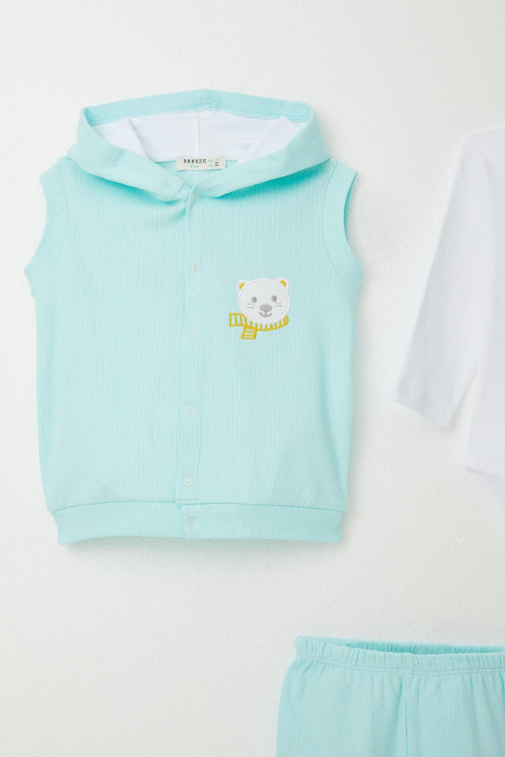 BRE Breeze Baby Boy Bodysuit 3-Piece Set Cute Bear Embroidered Hooded 4 Months Year, Light Blue - Preston