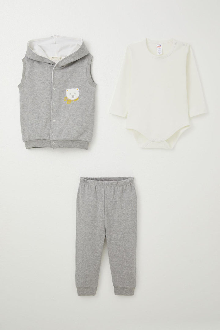 BRE Breeze Baby Boy Bodysuit 3-Piece Set Cute Bear Embroidered Hooded 4 Months Year, Dark Grey Melange - Novi