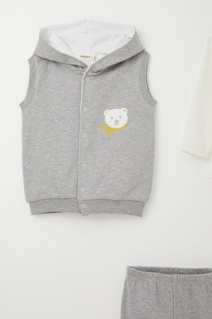 BRE Breeze Baby Boy Bodysuit 3-Piece Set Cute Bear Embroidered Hooded 4 Months Year, Dark Grey Melange - Novi