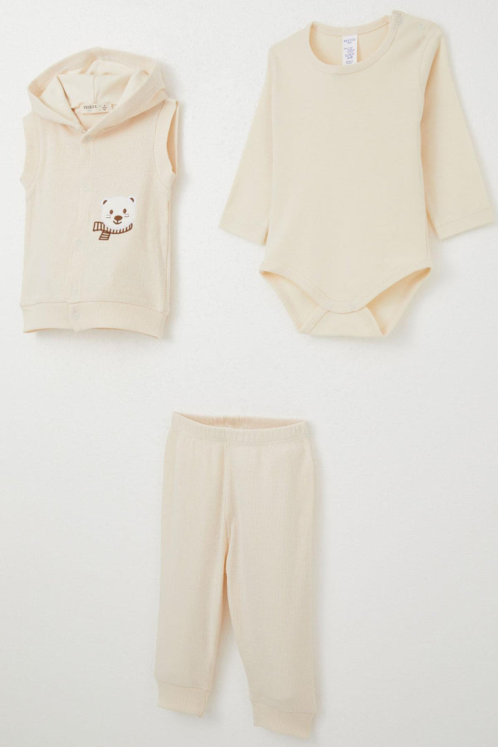 BRE Breeze Baby Boy Bodysuit 3-Piece Set Cute Bear Embroidered Hooded 4 Months Year, Cream - Pacifica