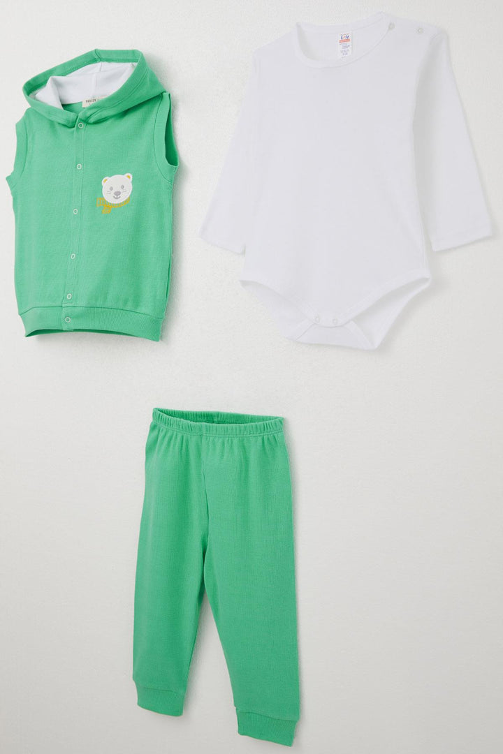 BRE Breeze Baby Boy Bodysuit 3-Piece Set Cute Bear Embroidered Hooded 4 Months Year, Green - Union