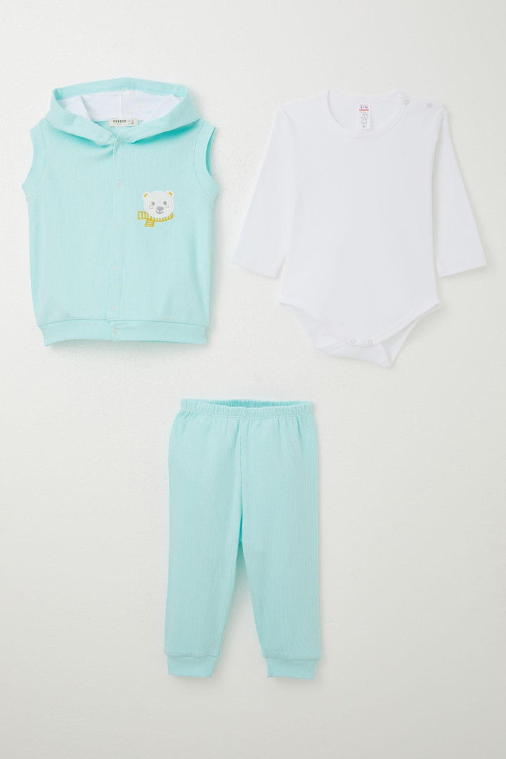BRE Breeze Baby Boy Bodysuit 3-Piece Set Cute Bear Embroidered Hooded 4 Months Year, Light Blue - Preston