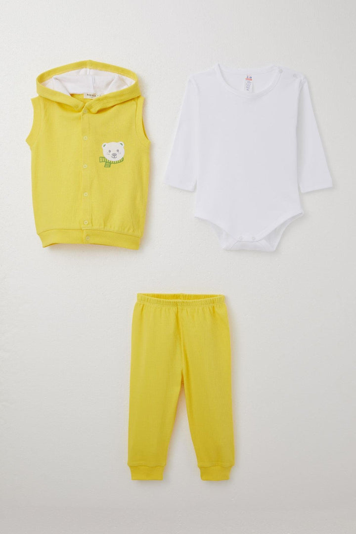 BRE Breeze Baby Boy Bodysuit 3-Piece Set Cute Bear Embroidered Hooded 4 Months Year, Yellow - Tepalcatepec