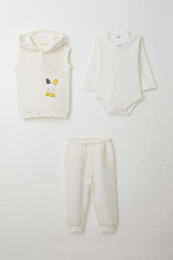 BRE Breeze Baby Boy Bodysuit 3-Piece Set with Bunny Embroidery Hooded 4 Months Year, Beige - Harlingen