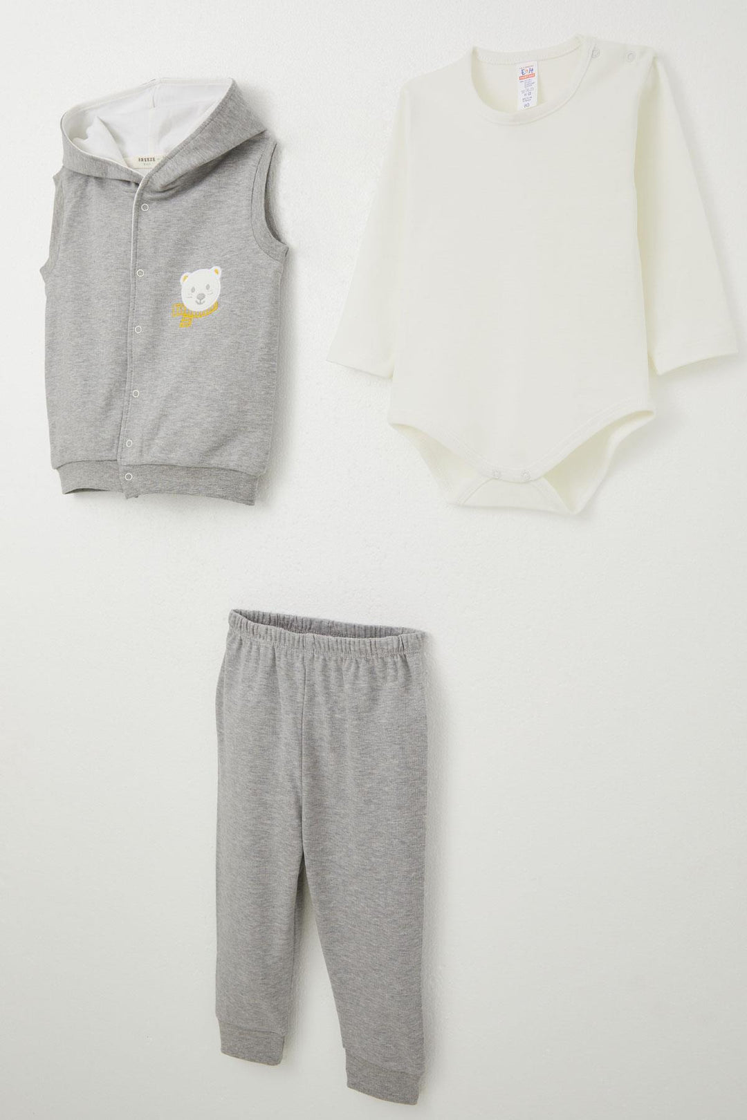 BRE Breeze Baby Boy Bodysuit 3-Piece Set Cute Bear Embroidered Hooded 4 Months Year, Dark Grey Melange - Novi