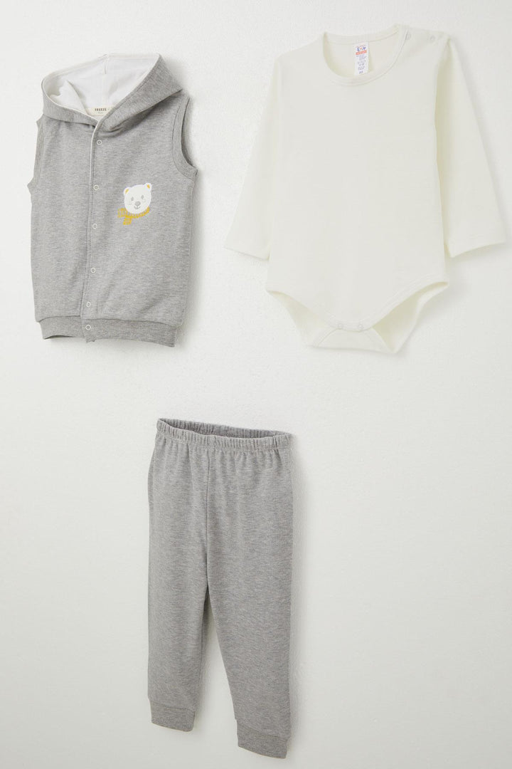 BRE Breeze Baby Boy Bodysuit 3-Piece Set Cute Bear Embroidered Hooded 4 Months Year, Dark Grey Melange - Novi