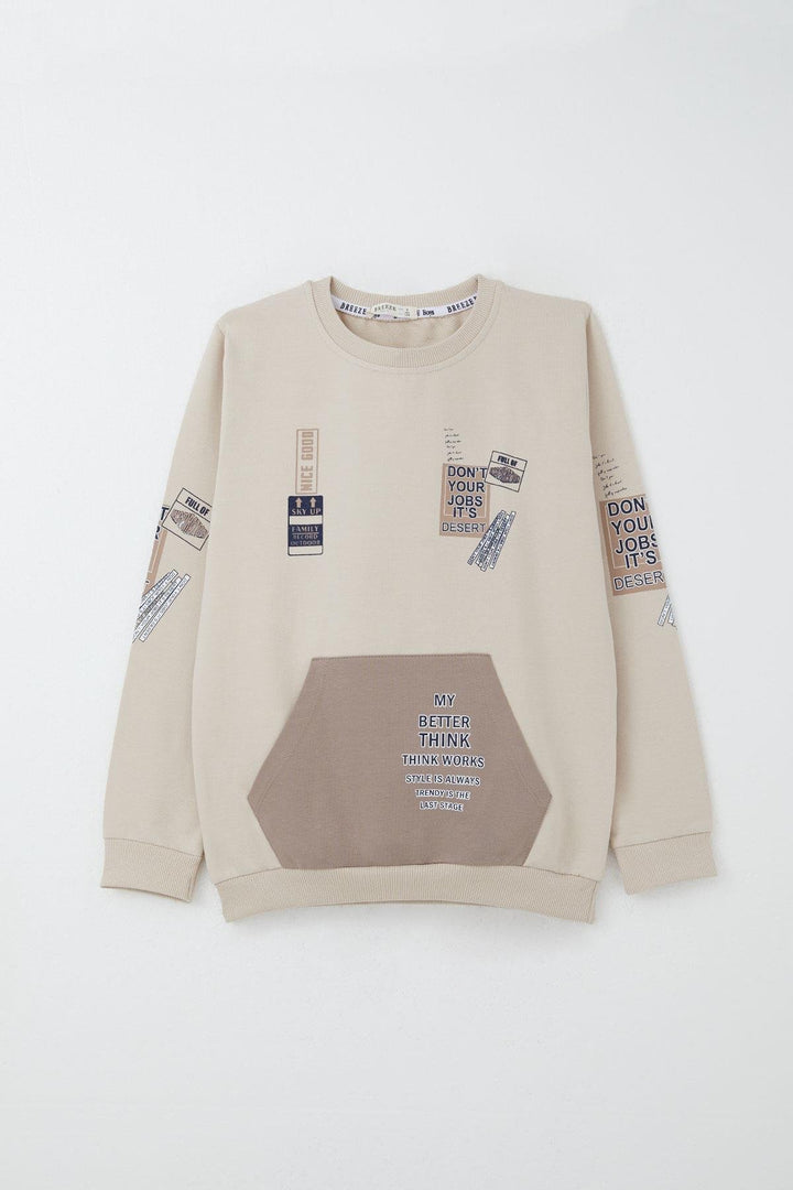 BRE Breeze Boys' Sweat Suit with Kangaroo Pocket Printed with Writing, 4-8 Years, Beige - Chino