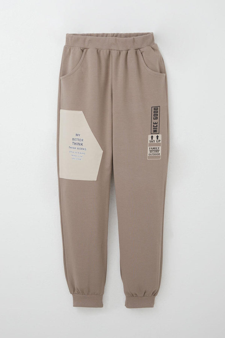 BRE Breeze Boys' Sweat Suit with Kangaroo Pocket Printed with Writing, 4-8 Years, Beige - Chino
