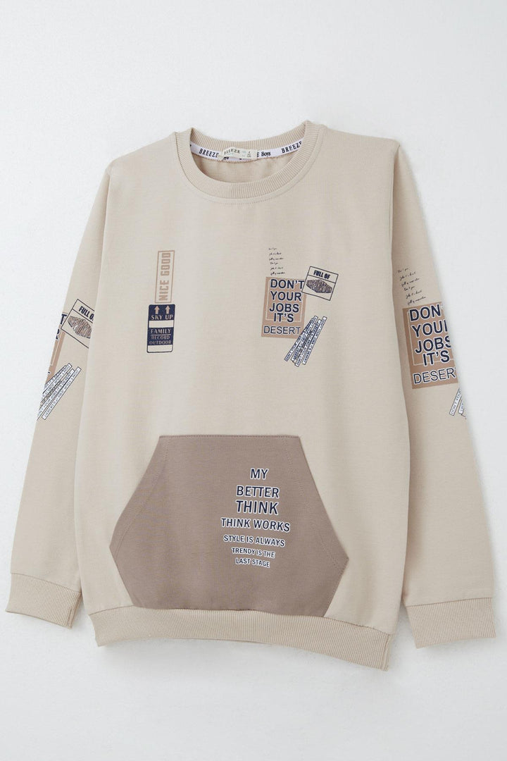 BRE Breeze Boys' Sweat Suit with Kangaroo Pocket Printed with Writing, 4-8 Years, Beige - Chino
