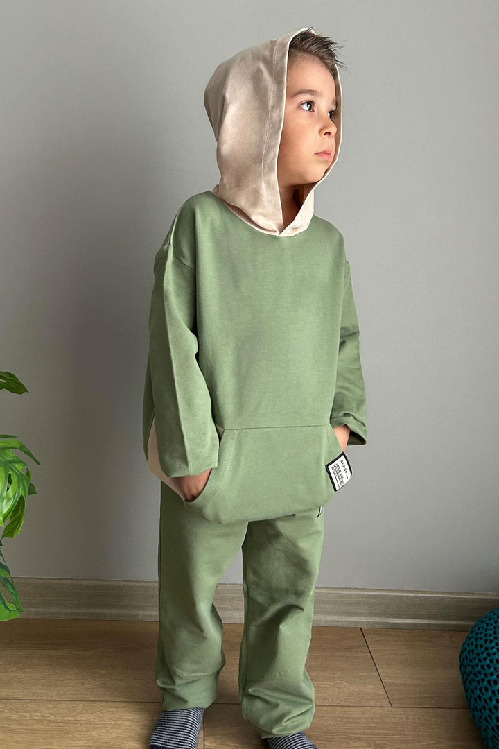 BRE Breeze Boys' Tracksuit with Kangaroo Pocket Hoodie 50 Years, Khaki Green - Rochdale